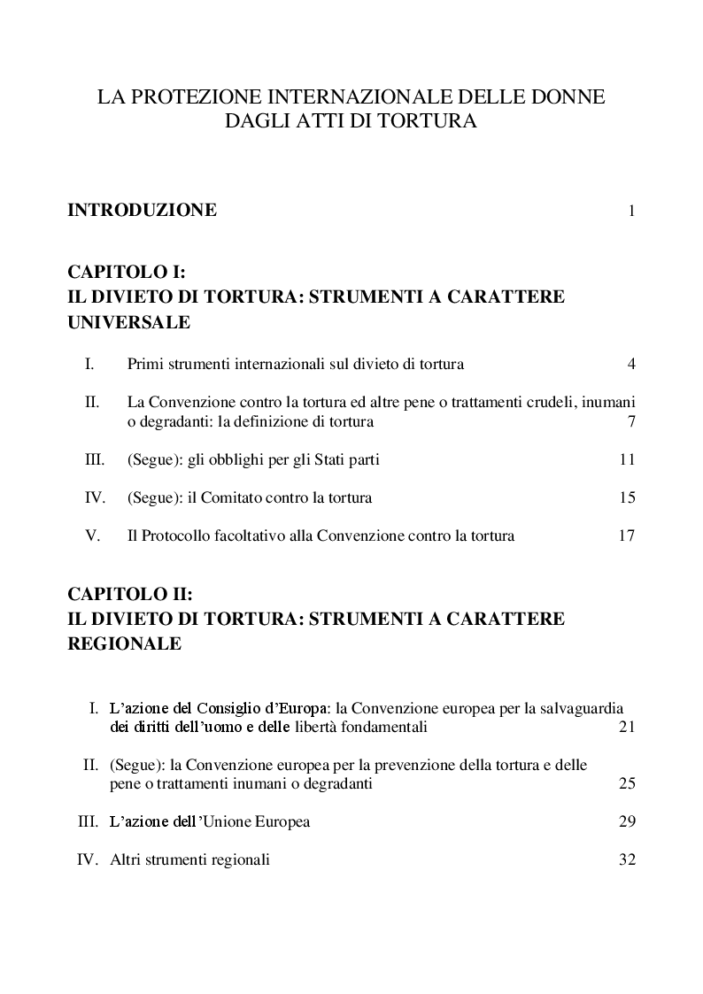 Indice della tesi: La protezione internazionale delle donne dagli atti di tortura, Pagina 1