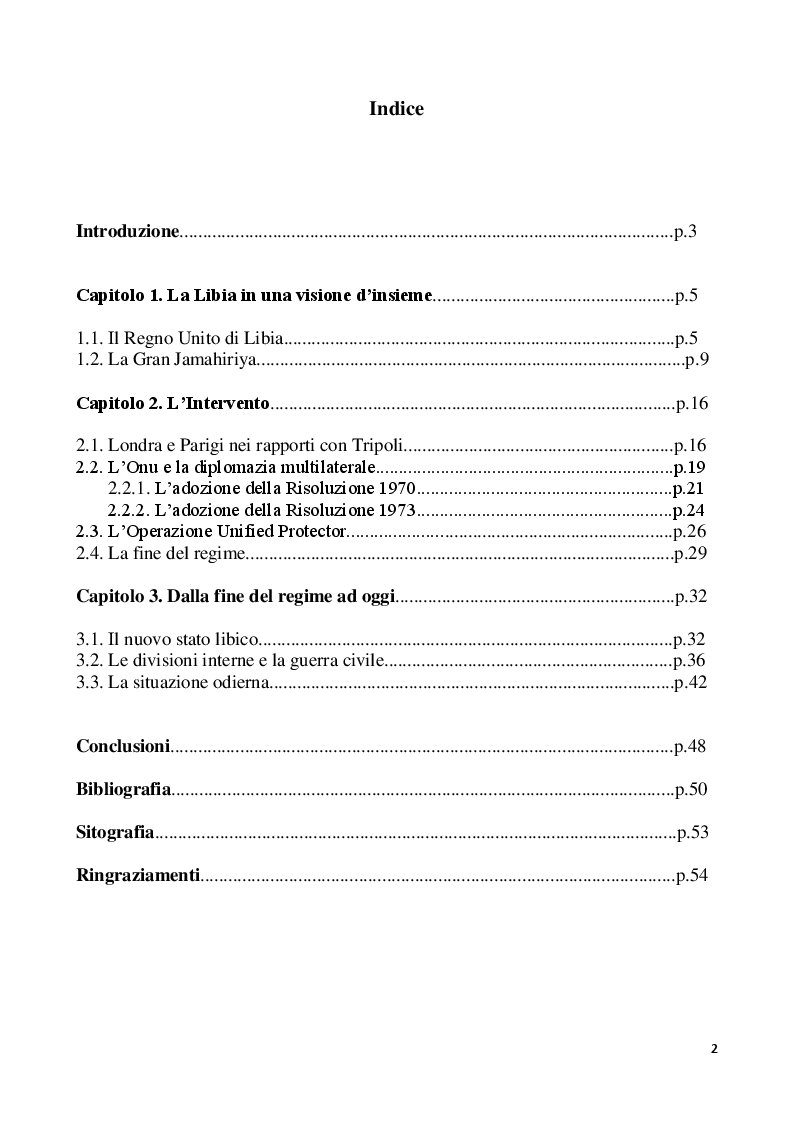 Indice della tesi: La Crisi Libica: Dall'Intervento Ad Oggi, Pagina 1