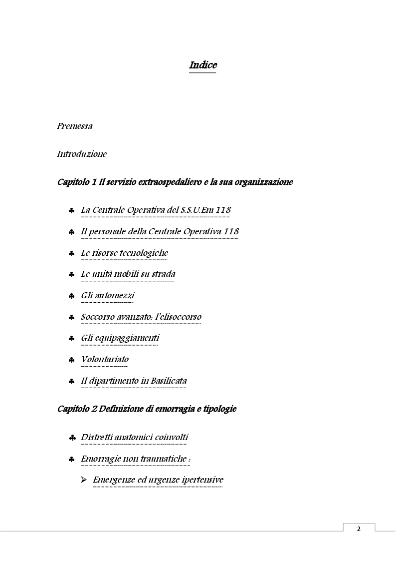 Indice della tesi: Bleeding Treatment: l'infermiere nel preospedaliero, Pagina 1