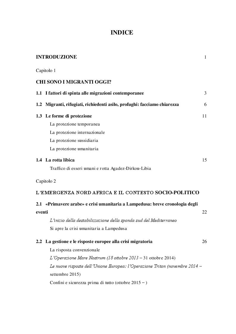 Indice della tesi: L'emergenza Nord Africa e l'accoglienza dei migranti: spunti di riflessione sulle risposte europee e italiane, Pagina 1