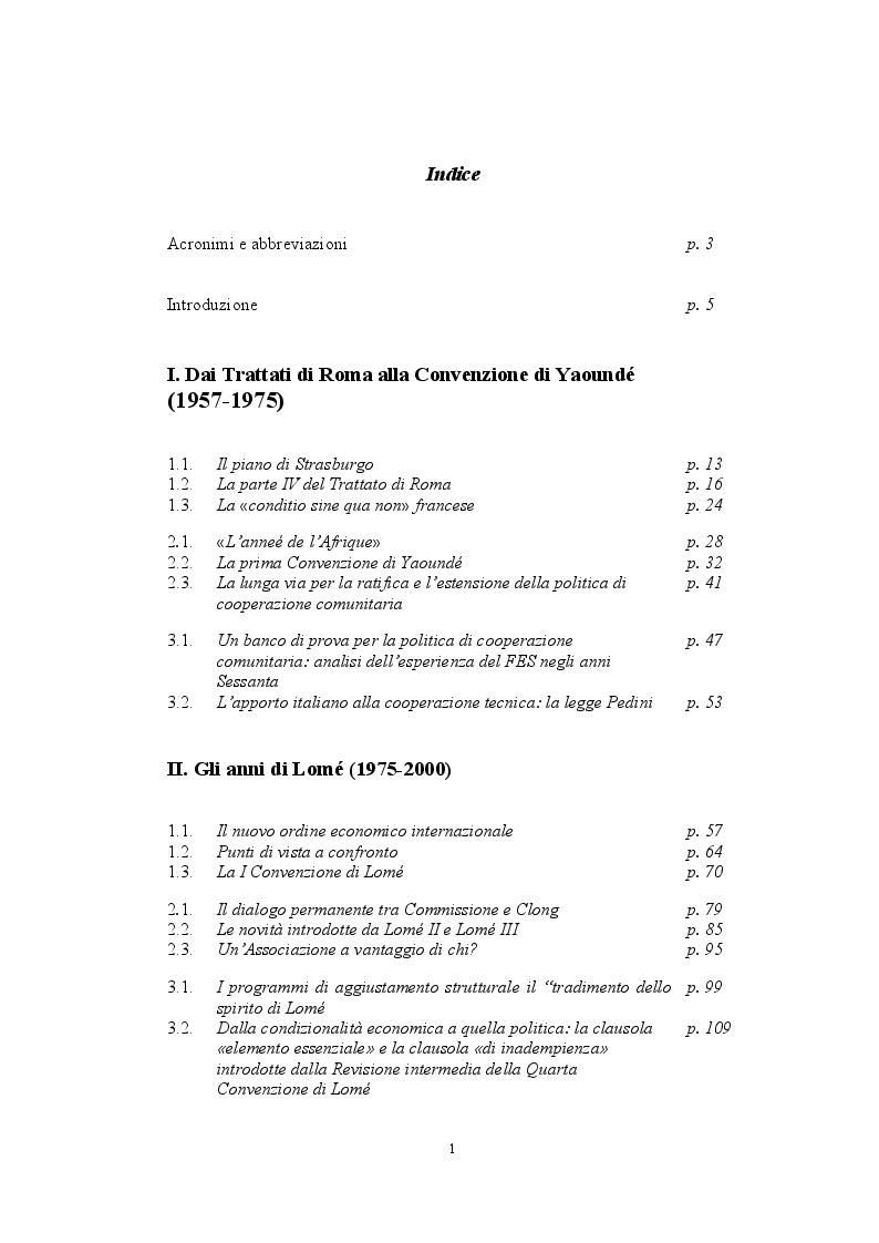 Indice della tesi: La politica di cooperazione comunitaria negli Stati ACP: particolarità e limiti di un modello associativo., Pagina 1