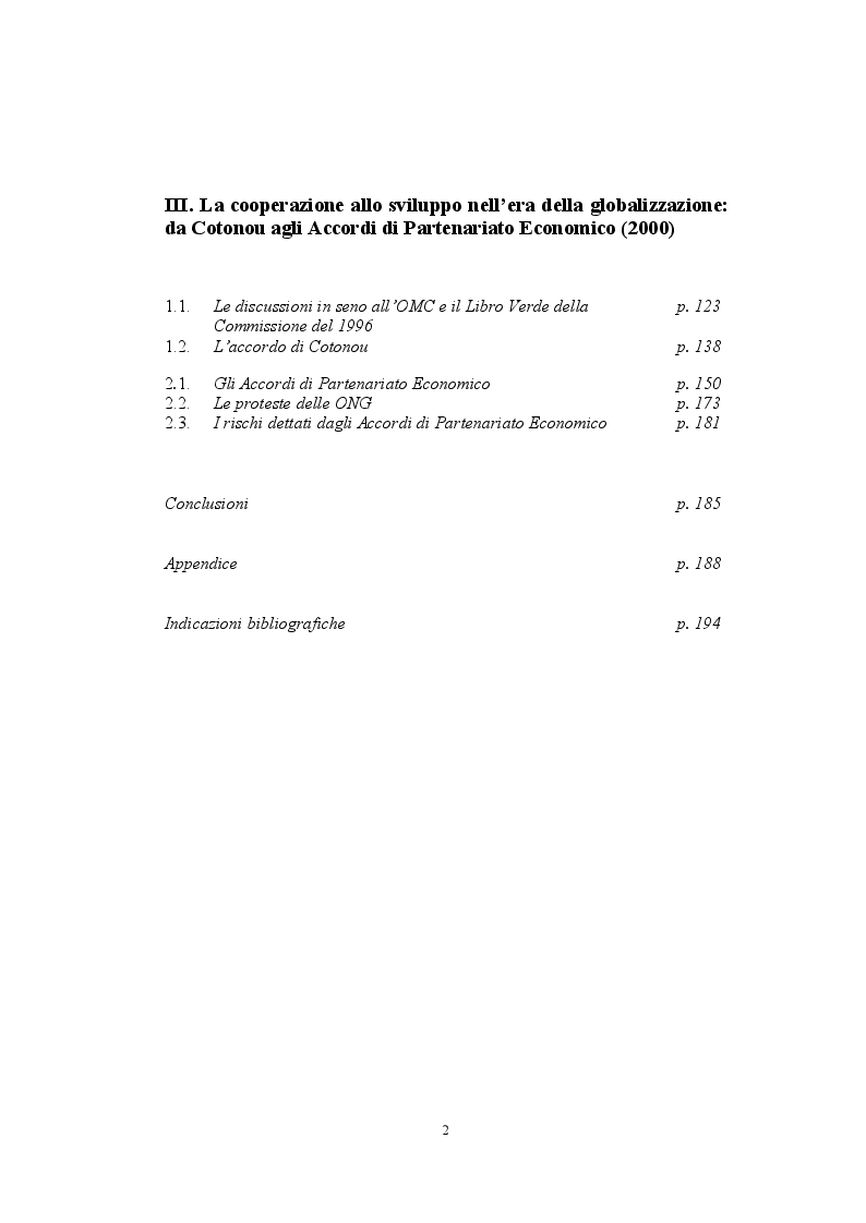 Indice della tesi: La politica di cooperazione comunitaria negli Stati ACP: particolarità e limiti di un modello associativo., Pagina 2