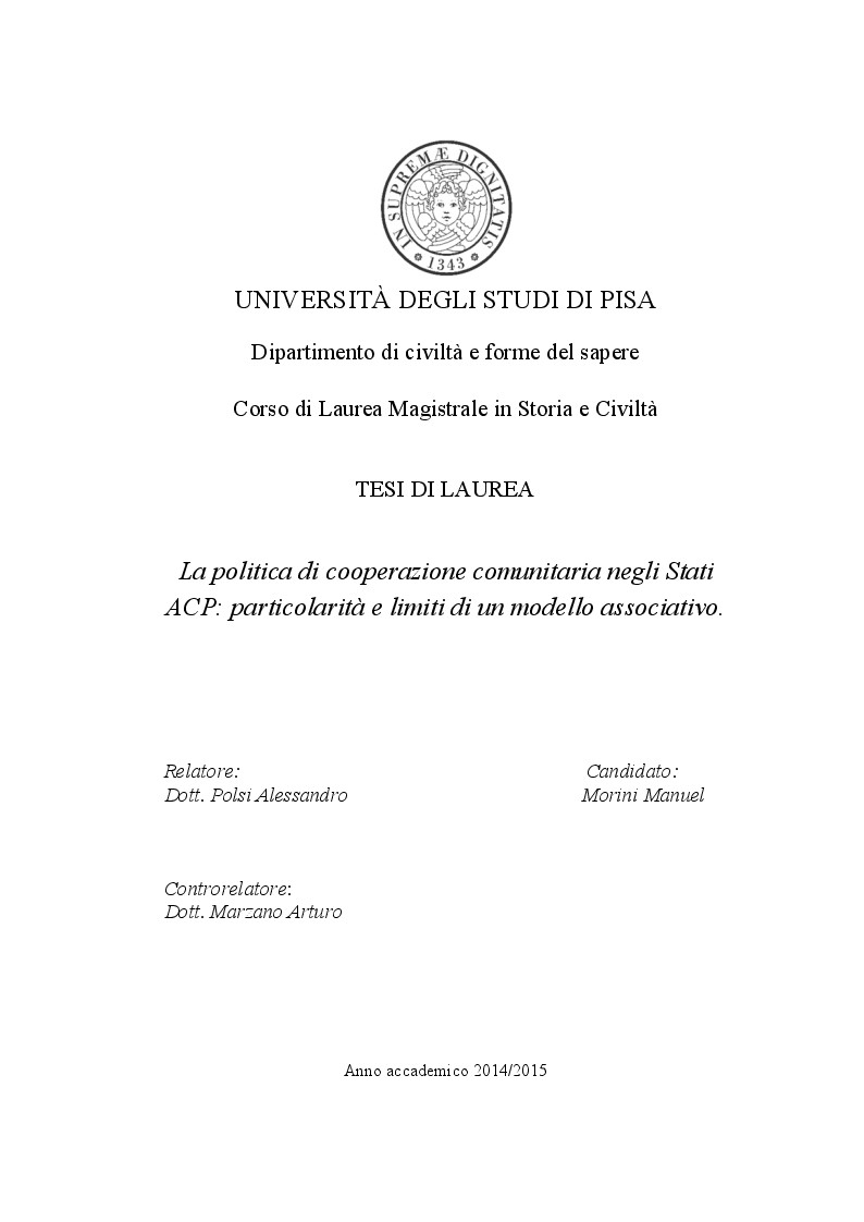 Anteprima della tesi: La politica di cooperazione comunitaria negli Stati ACP: particolarità e limiti di un modello associativo., Pagina 1