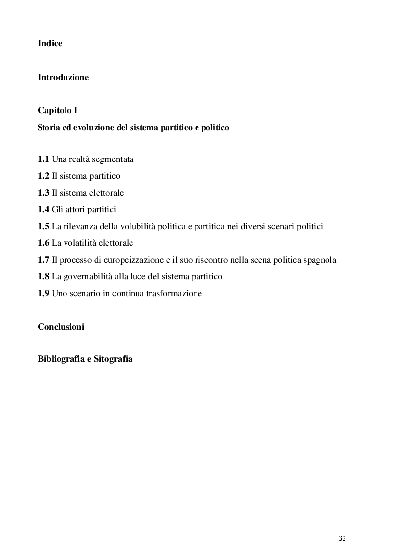 Indice della tesi: L’evoluzione del sistema partitico e politico spagnolo dal 1978 al 2015, Pagina 1