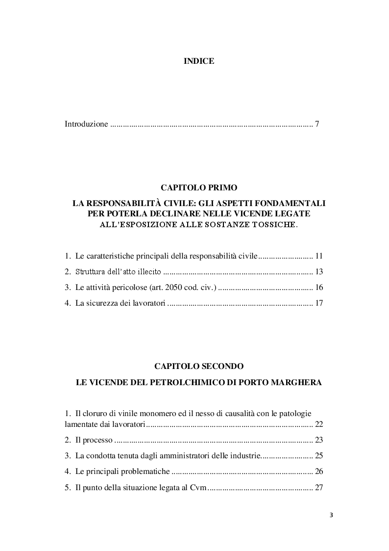 Indice della tesi: La responsabilità civile per l'esposizione alle sostanze tossiche, Pagina 1