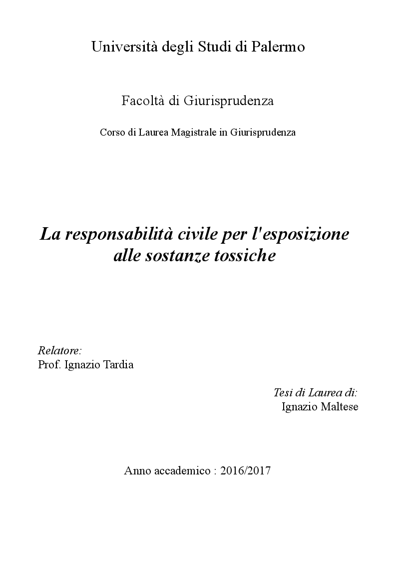 Anteprima della tesi: La responsabilità civile per l'esposizione alle sostanze tossiche, Pagina 1