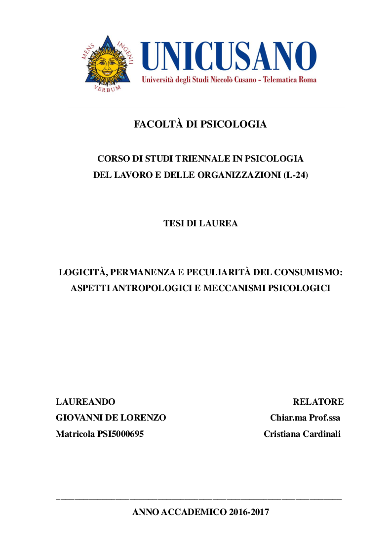 Anteprima della tesi: Logicità, permanenza e peculiarità del consumismo: aspetti antropologici e meccanismi psicologici, Pagina 1