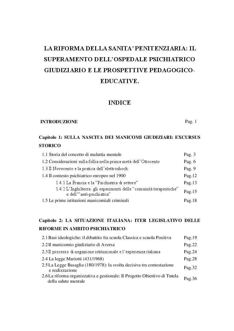 Indice della tesi: La riforma della sanità penitenziaria: il superamento dell'ospedale psichiatrico giudiziario e le prospettive pedagogico-educative, Pagina 1