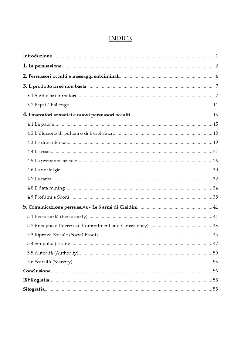 Indice della tesi: Persuasione e tecniche di vendita, Pagina 1