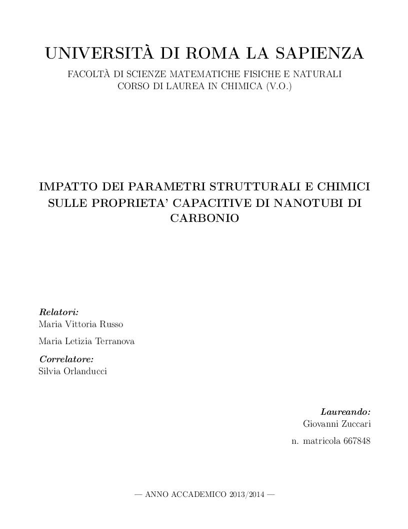 Anteprima della tesi: Impatto dei parametri strutturali e chimici sulle proprietà capacitive di nanotubi di carbonio, Pagina 1