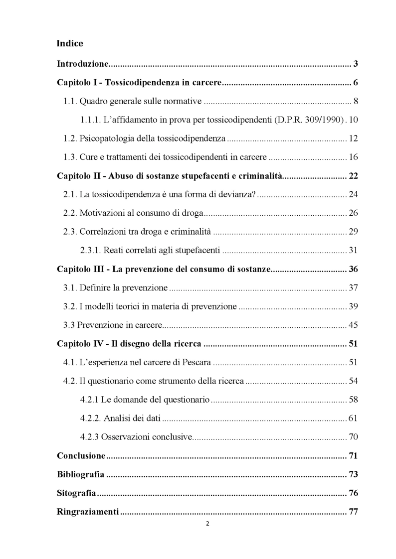 Indice della tesi: Percorsi verso la dipendenza da sostanze, Pagina 1