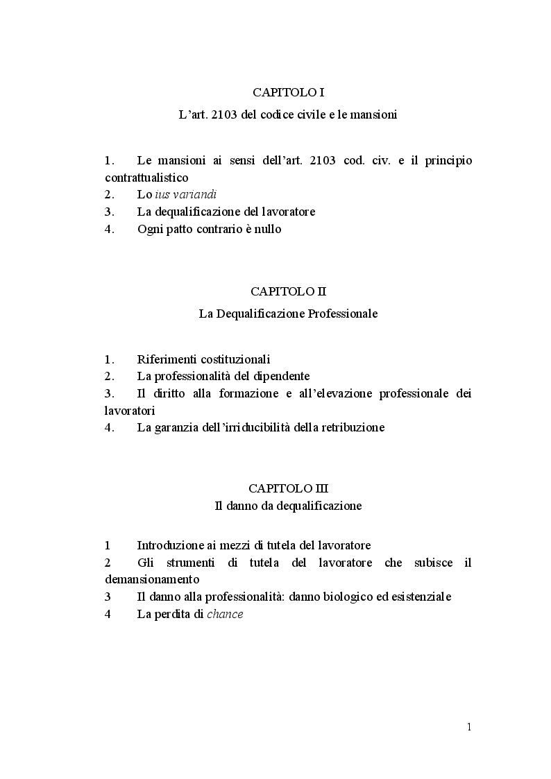 Indice della tesi: La dequalificazione professionale, Pagina 1