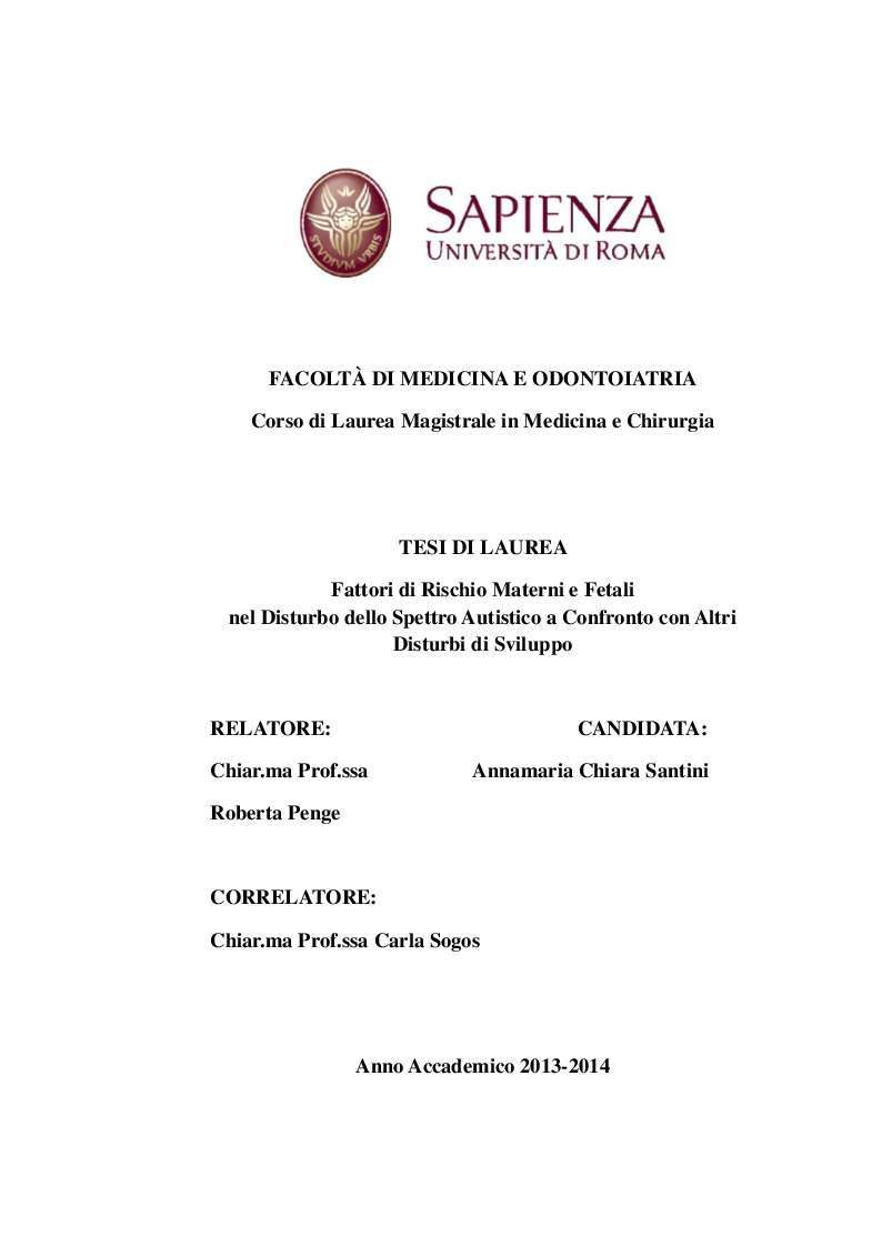 Anteprima della tesi: Fattori di Rischio Materni e Fetali nel Disturbo dello Spettro Autistico a Confronto con Altri Disturbi di Sviluppo, Pagina 1