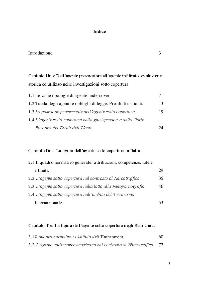 Indice della tesi: L'agente sotto copertura dall'istituzione alle prospettive di contrasto alla corruzione, Pagina 1