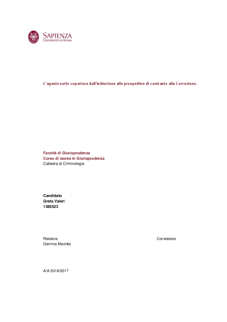 Anteprima della tesi: L'agente sotto copertura dall'istituzione alle prospettive di contrasto alla corruzione, Pagina 1