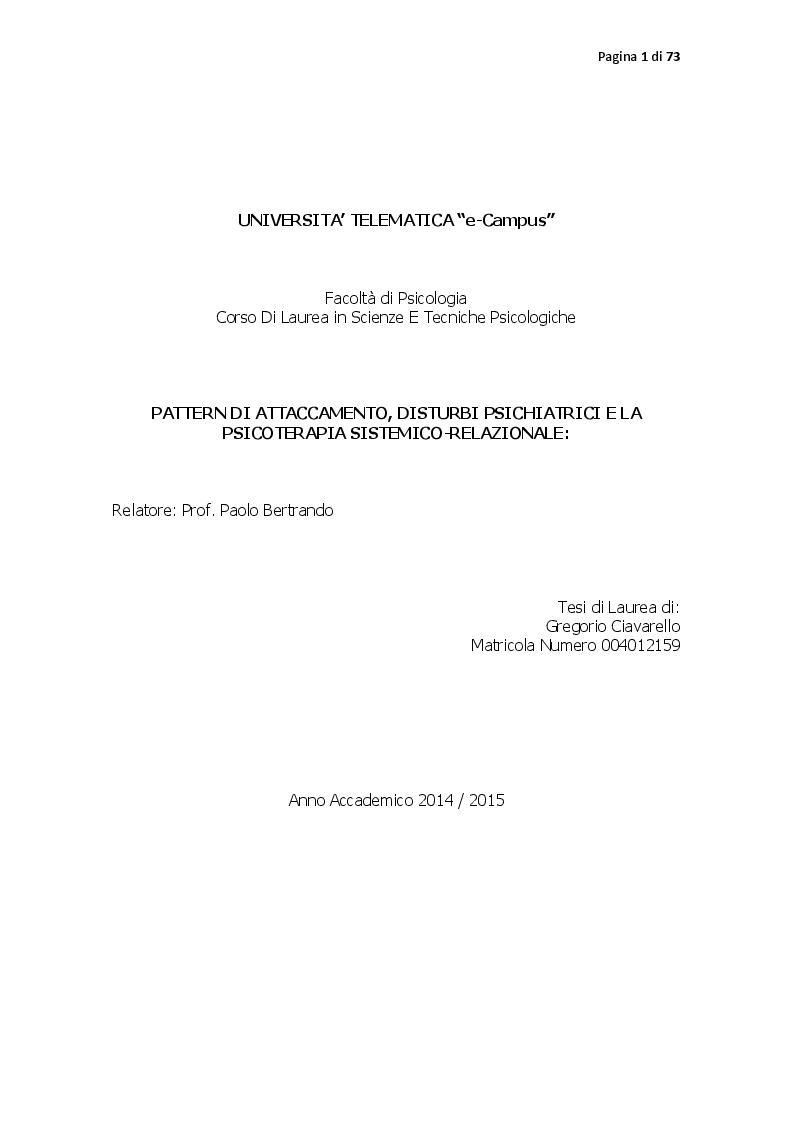 Anteprima della tesi: Pattern di attaccamento, disturbi psichiatrici e la psicoterapia sistemico relazionale, Pagina 1