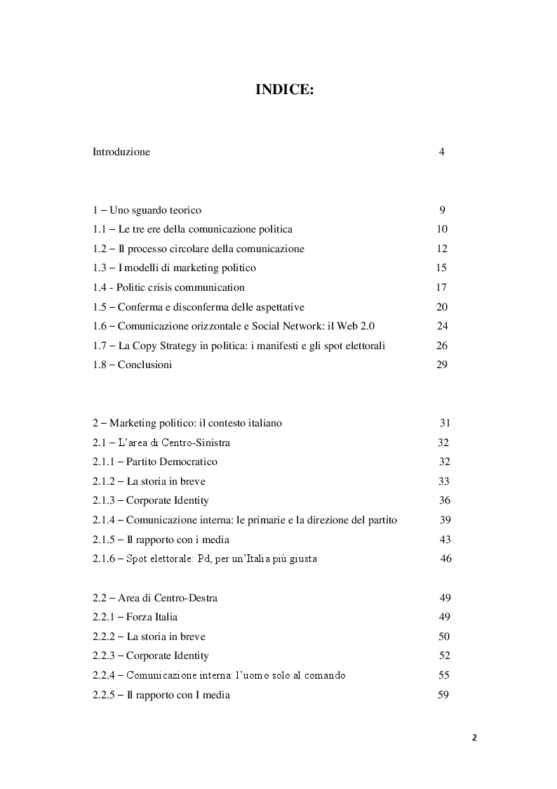 Indice della tesi: Marketing Politico: dai partiti nazionali alle amministrative di Milano, Pagina 1
