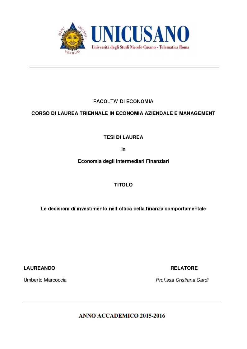 Anteprima della tesi: Le decisioni di investimento nell'ottica della finanza comportamentale, Pagina 1