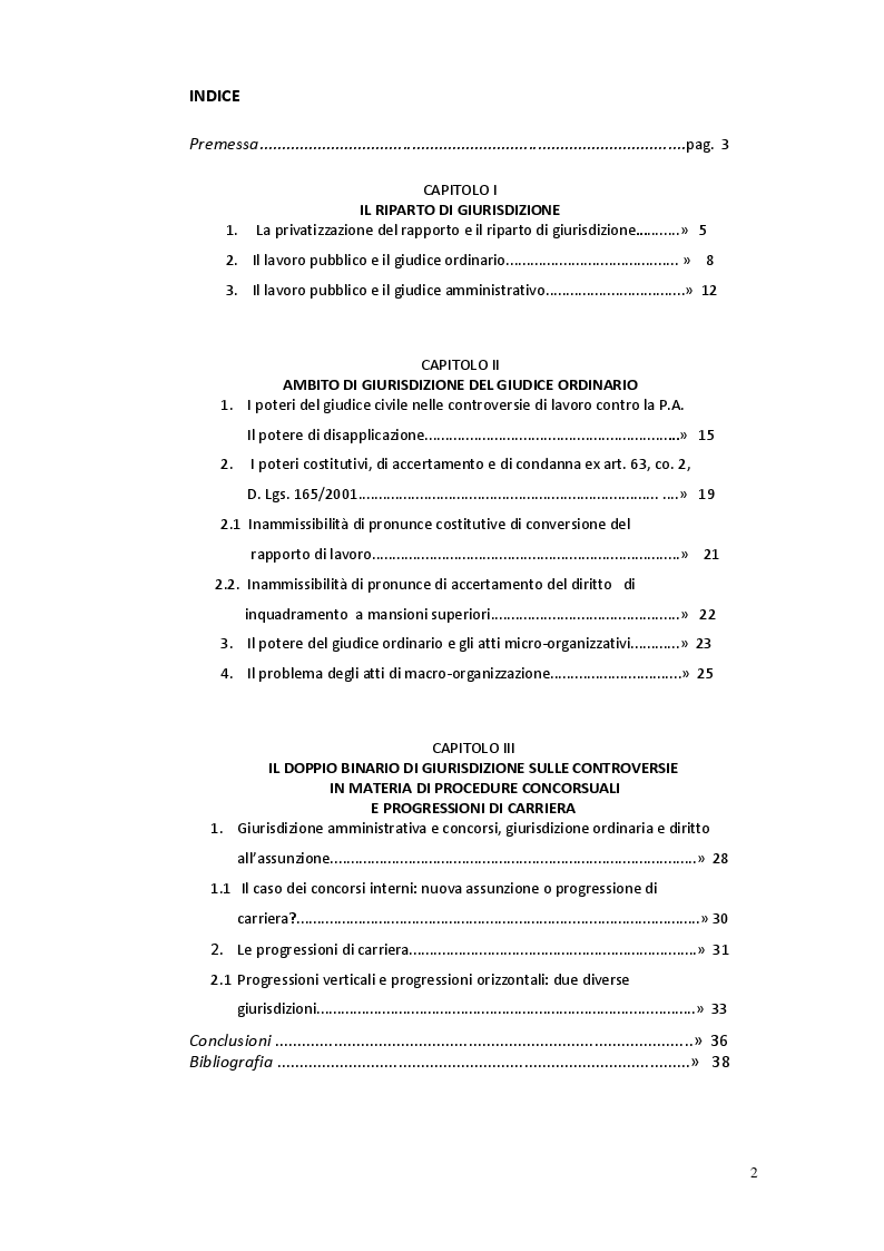 Indice della tesi: Il riparto di giurisdizione nel pubblico impiego, Pagina 1