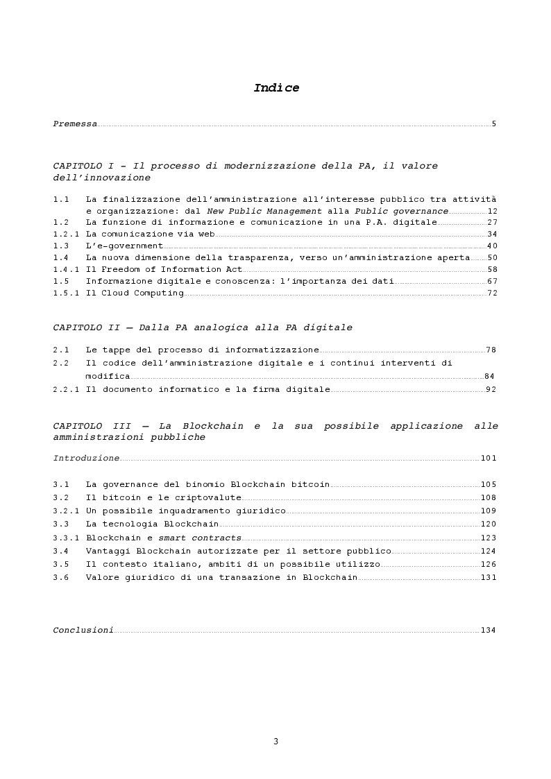 Indice della tesi: Pubblica amministrazione innovativa: Blockchain e prospettive di utilizzo , Pagina 1
