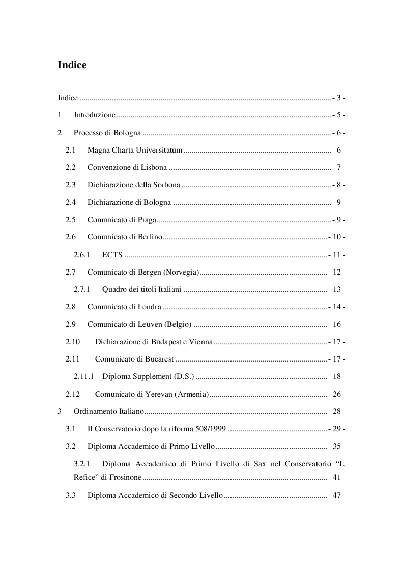 Indice della tesi: Armonizzazione dei titoli di studio. Impatto sul mondo della musica, Pagina 1