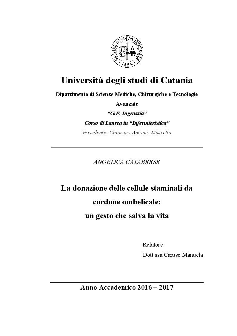 Anteprima della tesi: La donazione delle cellule staminali da cordone ombelicale: un gesto che salva la vita, Pagina 1