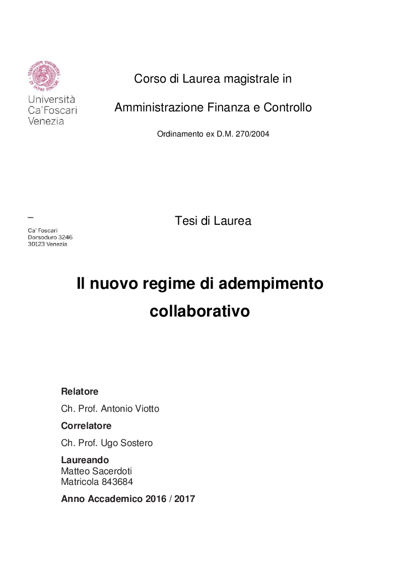 Anteprima della tesi: Il nuovo regime di adempimento collaborativo, Pagina 1