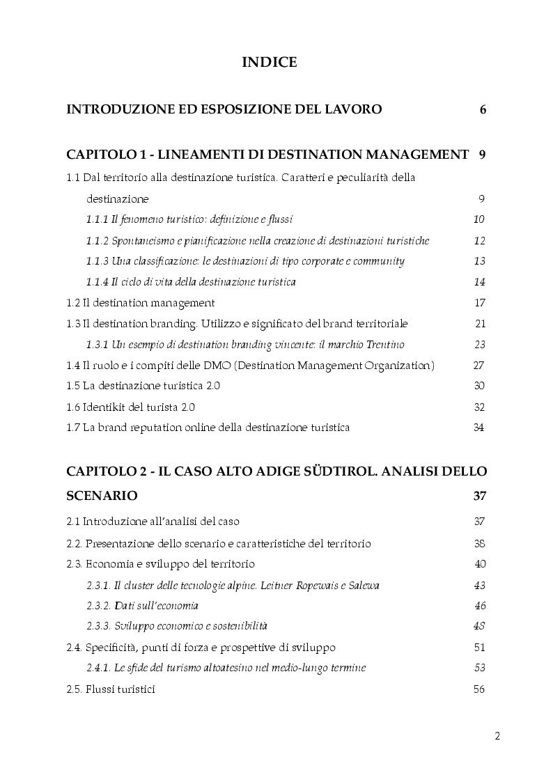 Indice della tesi: Destination Branding, Promozione Turistica e Sviluppo del territorio. Il caso Alto Adige Südtirol., Pagina 1