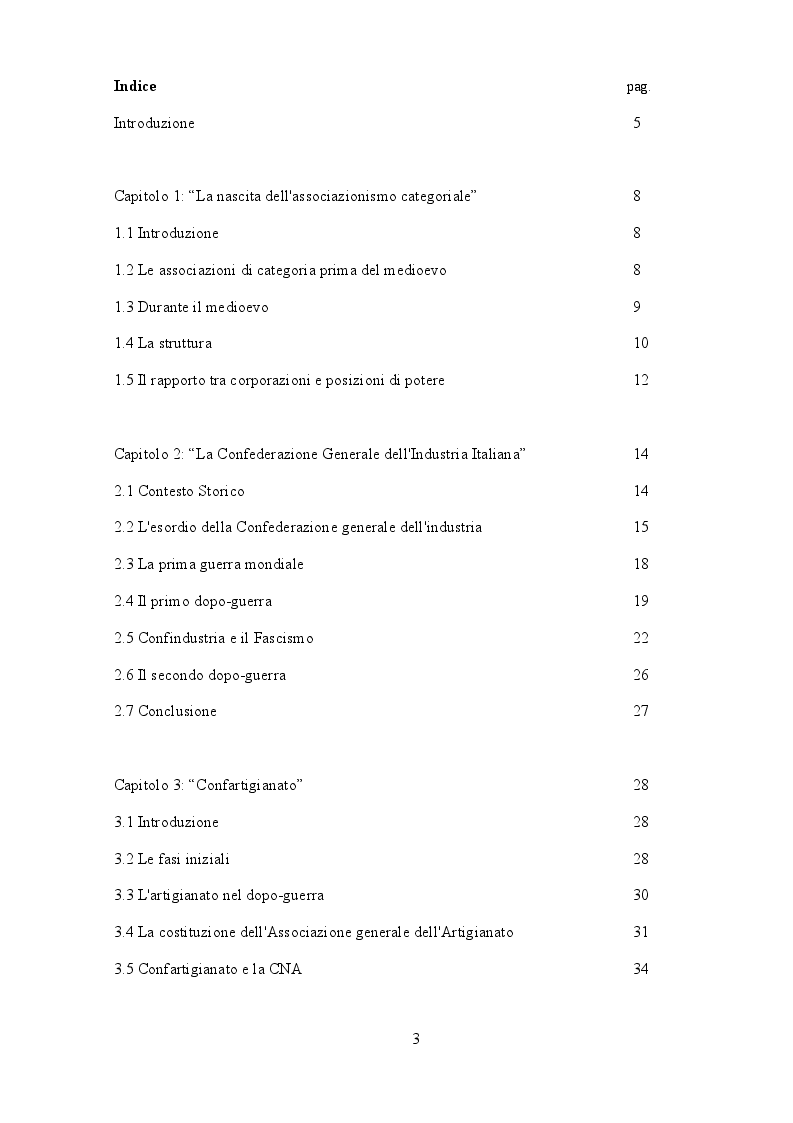 Indice della tesi: Storia delle principali e più rappresentative associazioni di categoria italiane, Pagina 1