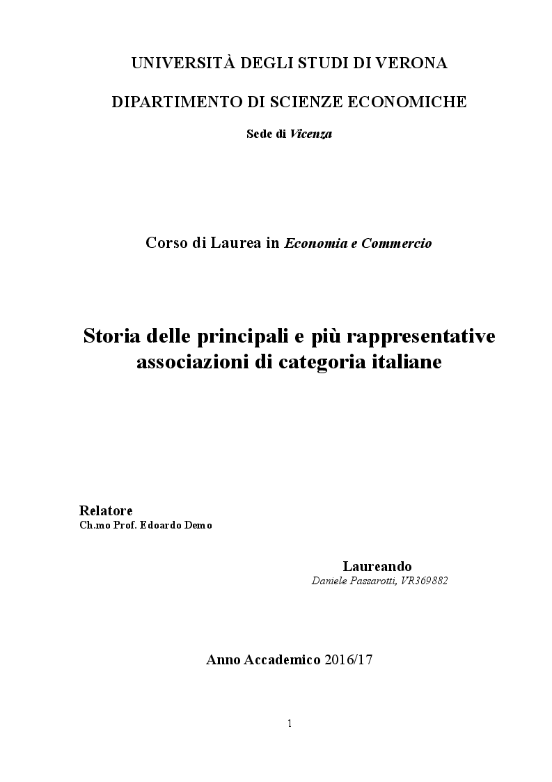 Anteprima della tesi: Storia delle principali e più rappresentative associazioni di categoria italiane, Pagina 1