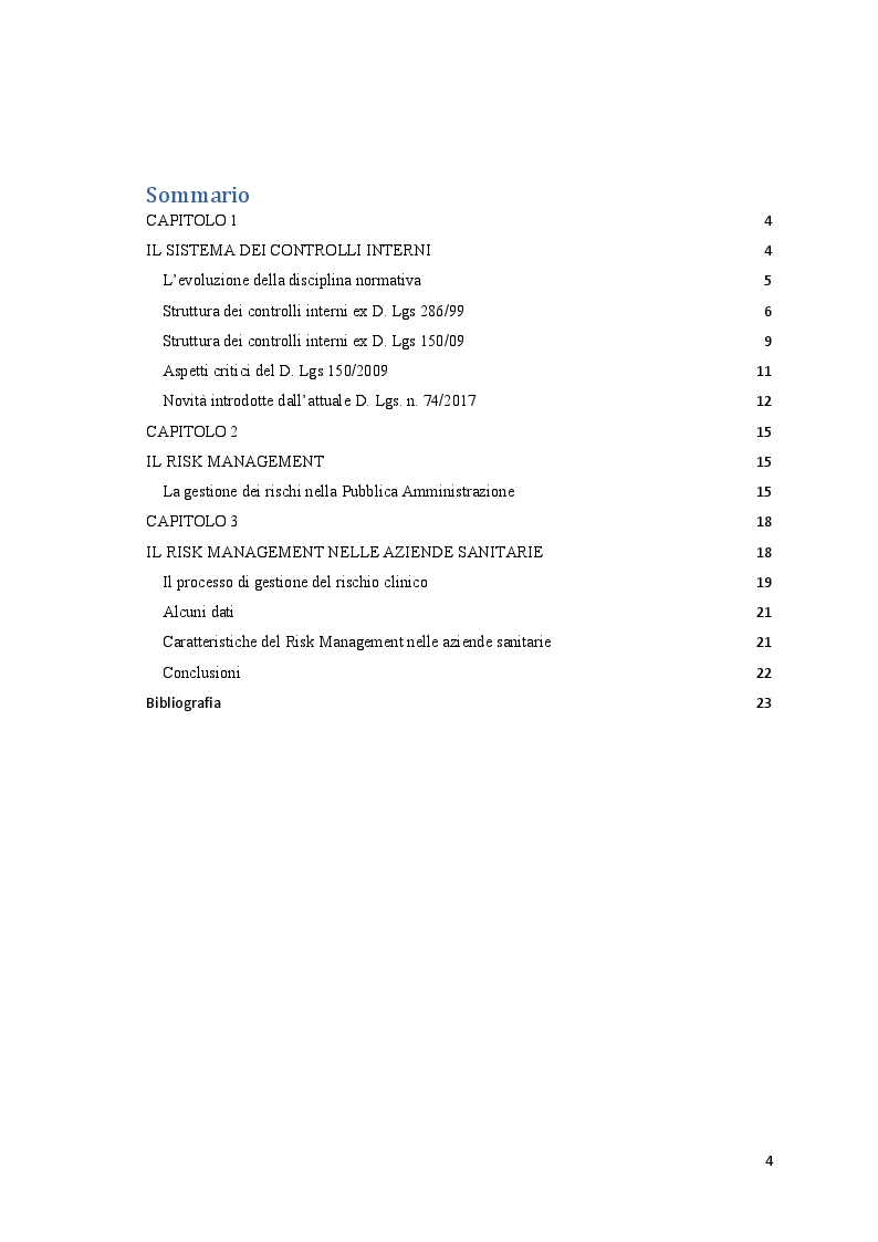 Indice della tesi: La gestione dei rischi nelle amministrazioni pubbliche, Pagina 1