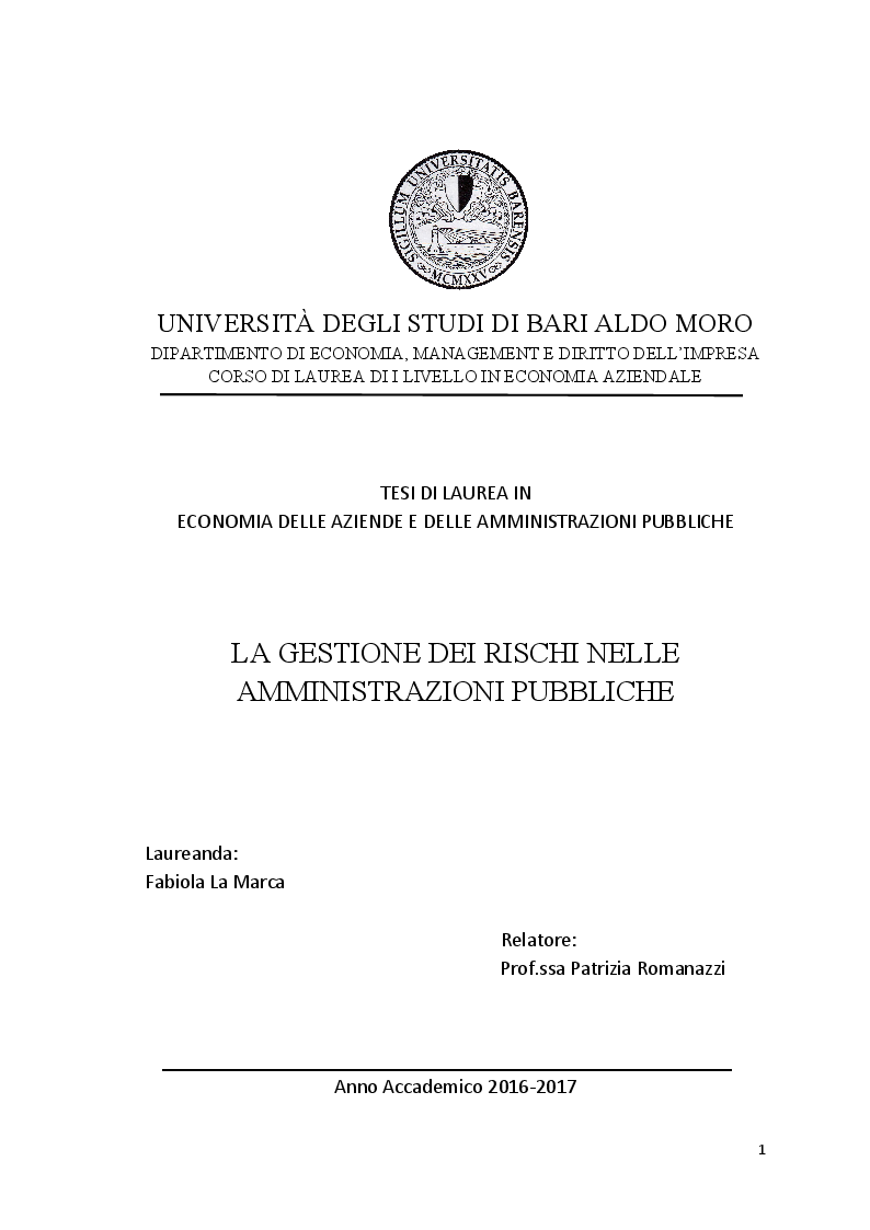 Anteprima della tesi: La gestione dei rischi nelle amministrazioni pubbliche, Pagina 1
