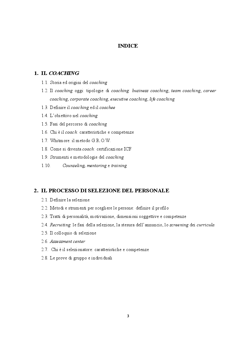Indice della tesi: Analisi del coaching e suo contributo nel processo di selezione del personale, Pagina 1