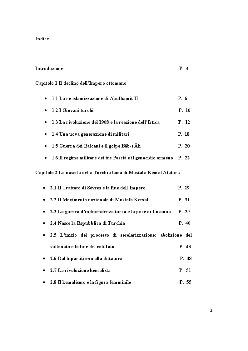 Indice della tesi: Storia della Turchia tra laicismo e islamizzazione, Pagina 1
