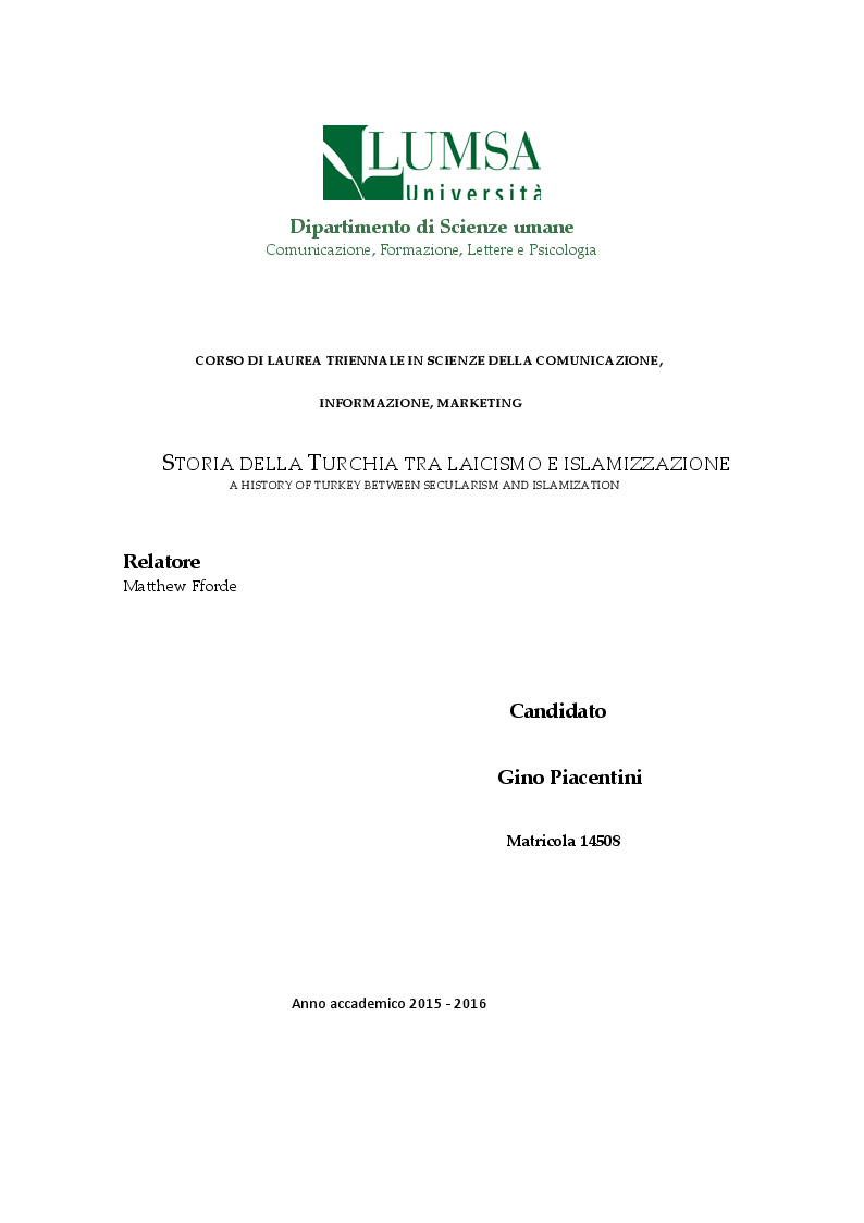 Anteprima della tesi: Storia della Turchia tra laicismo e islamizzazione, Pagina 1