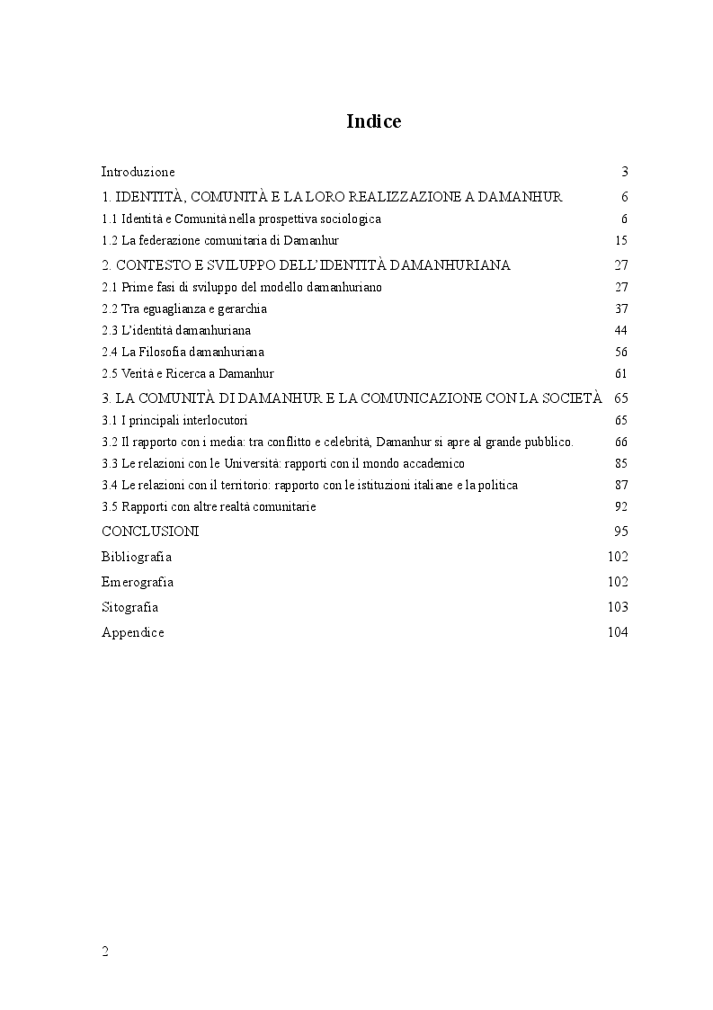 Indice della tesi: Comunità e Media: il caso di Damanhur, Pagina 1