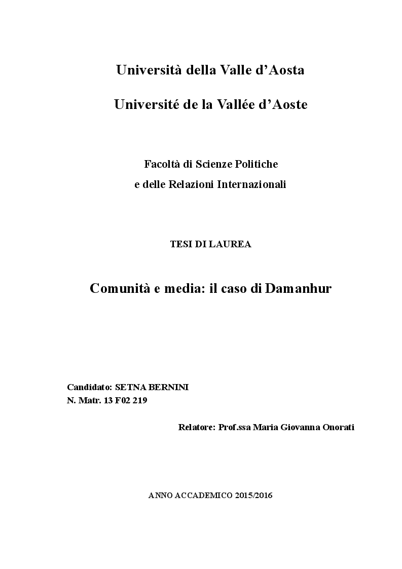 Anteprima della tesi: Comunità e Media: il caso di Damanhur, Pagina 1