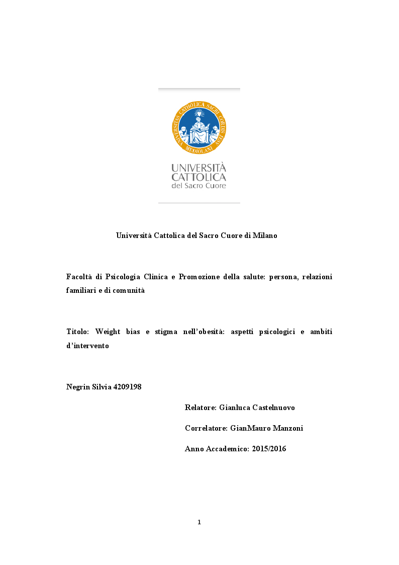 Anteprima della tesi: Weight bias e stigma nell’obesità: aspetti psicologici e ambiti d’intervento, Pagina 1