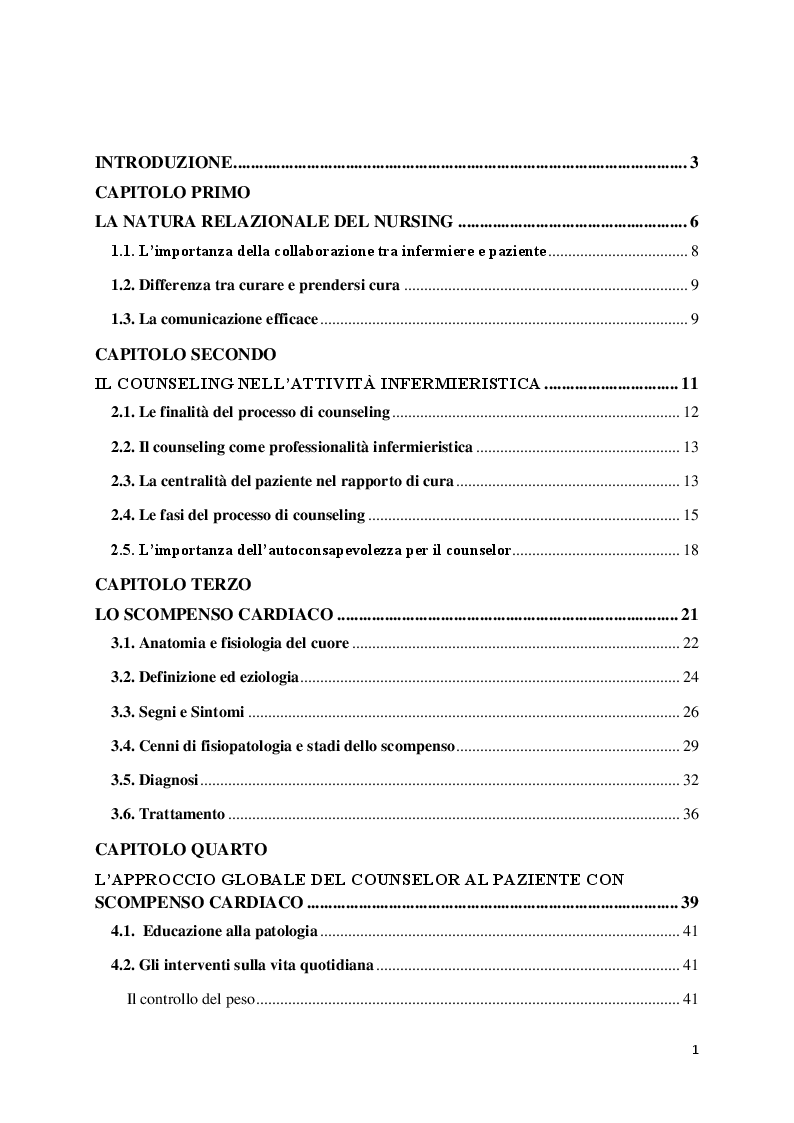 Indice della tesi: Il ruolo dell'infermiere counselor nello scompenso cardiaco, Pagina 1