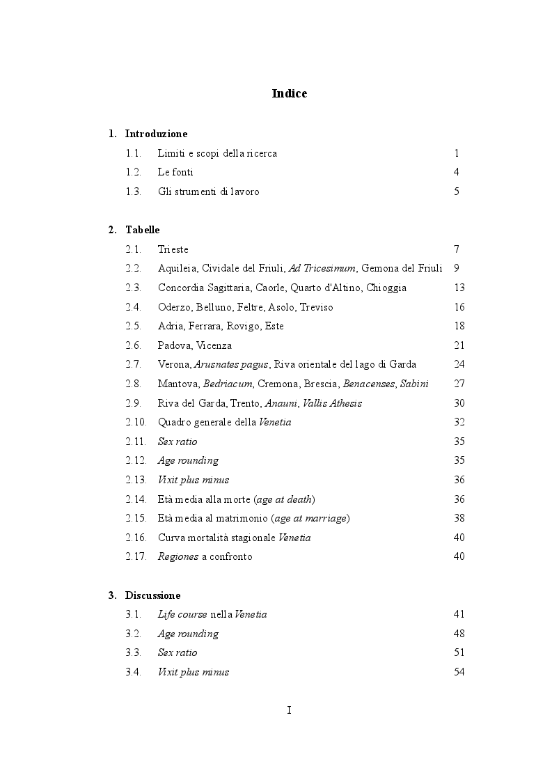 Indice della tesi: "Life course" nelle iscrizioni latine della Venetia, Pagina 1