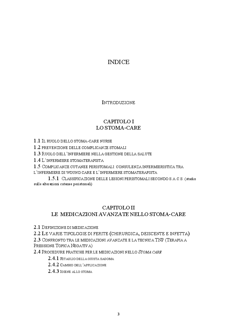 Indice della tesi: Lesioni peristomali. Prevenzione, trattamento, educazione del caregiver, Pagina 1