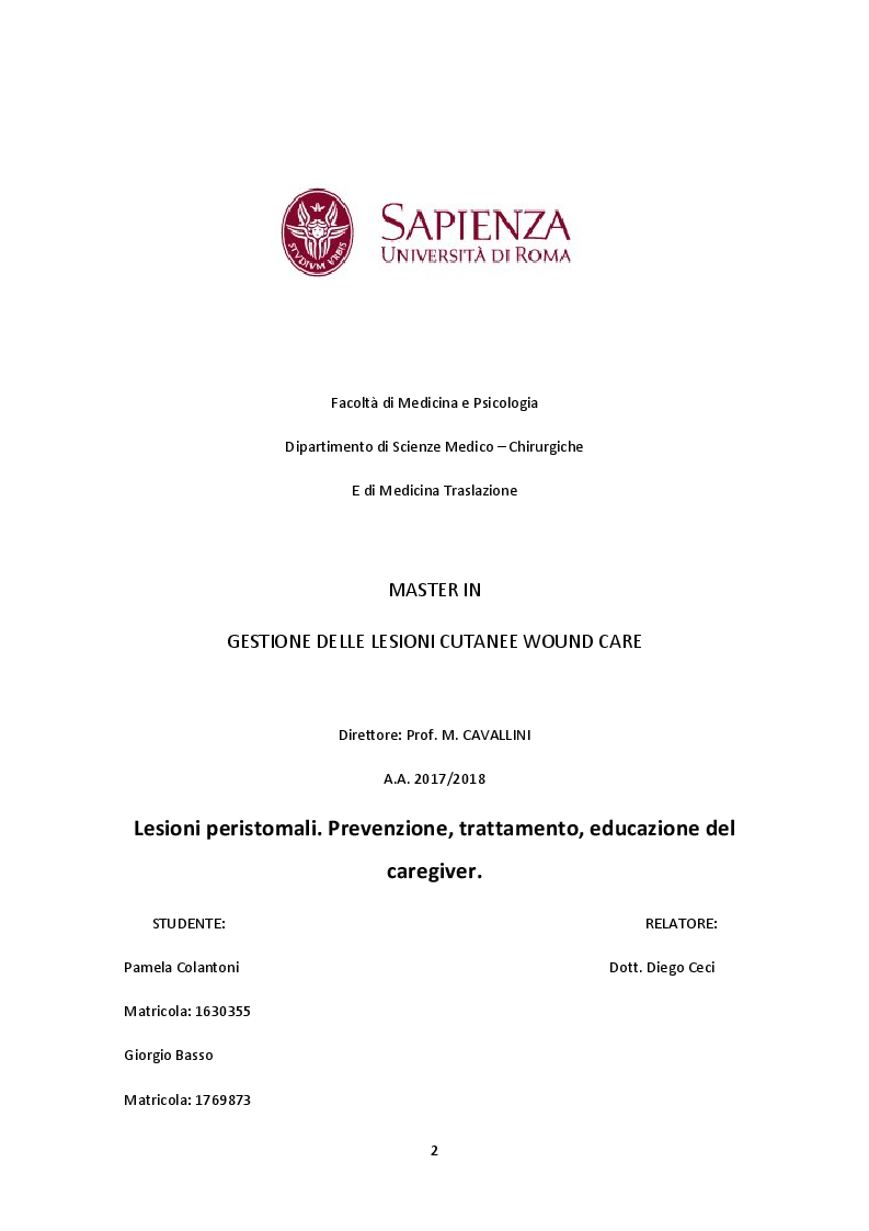 Anteprima della tesi: Lesioni peristomali. Prevenzione, trattamento, educazione del caregiver, Pagina 1