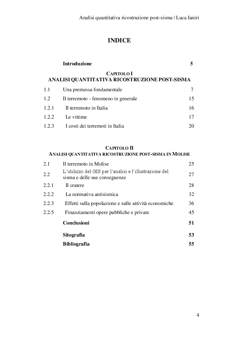 Indice della tesi: Analisi quantitativa della ricostruzione post-sisma , Pagina 1