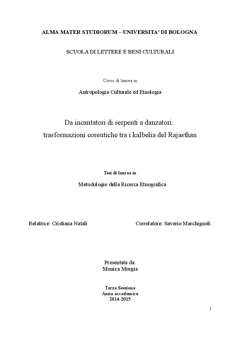 Anteprima della tesi: Da incantatori di serpenti a danzatori. Trasformazioni coreutiche tra i kalbelia del Rajasthan., Pagina 1