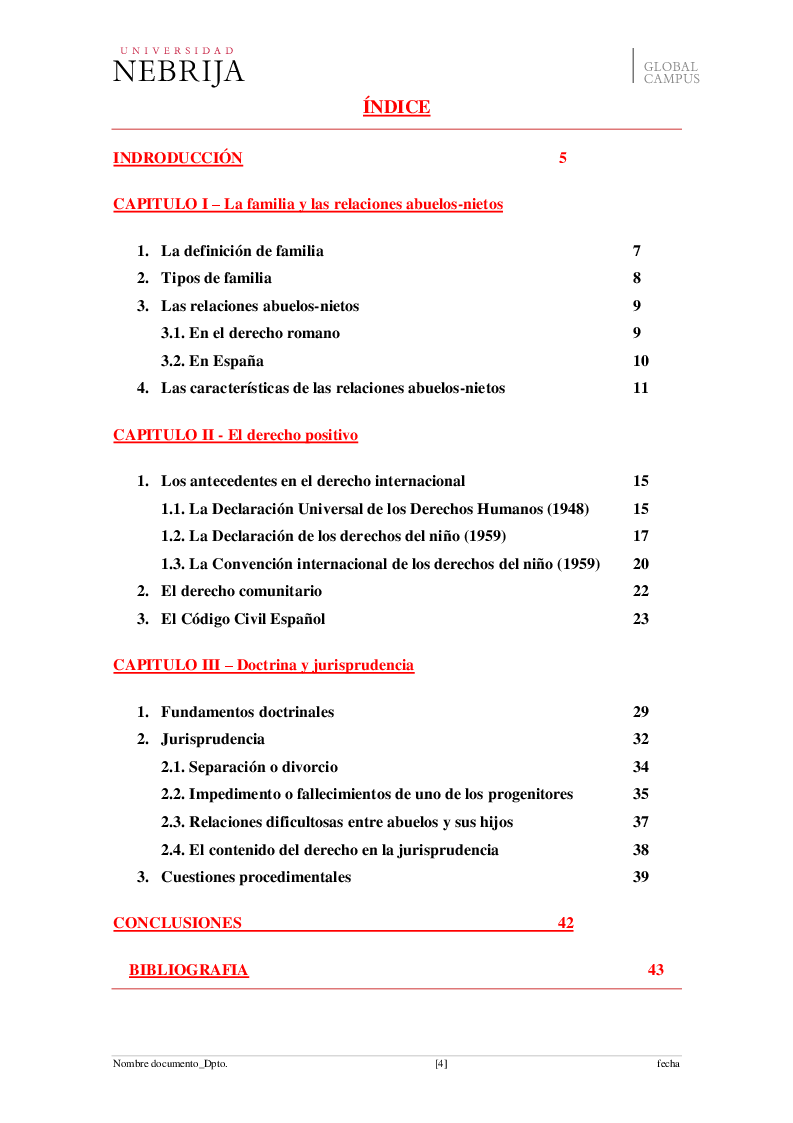 Indice della tesi: El derecho de visita de los abuelos con sus nietos, Pagina 1