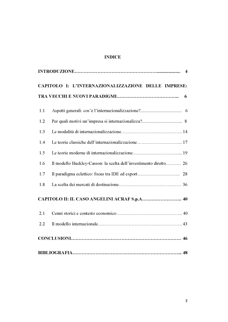 Indice della tesi: Modelli e strategie di internazionalizzazione: il caso Angelini Acraf S.p.A, Pagina 1