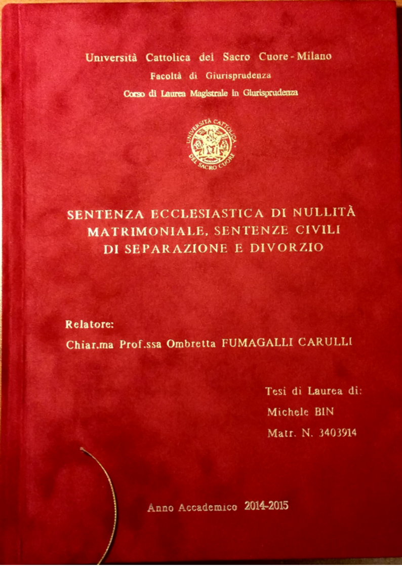 Anteprima della tesi: Sentenza ecclesiastica di nullità matrimoniale, sentenze civili di separazione e divorzio, Pagina 1