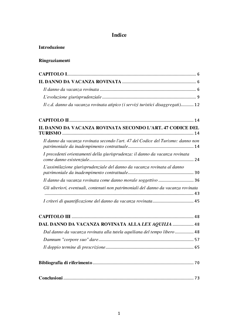 Indice della tesi: L'evoluzione del concetto di DANNO DA VACANZA ROVINATA secondo la norma e la giurisprudenza, Pagina 1