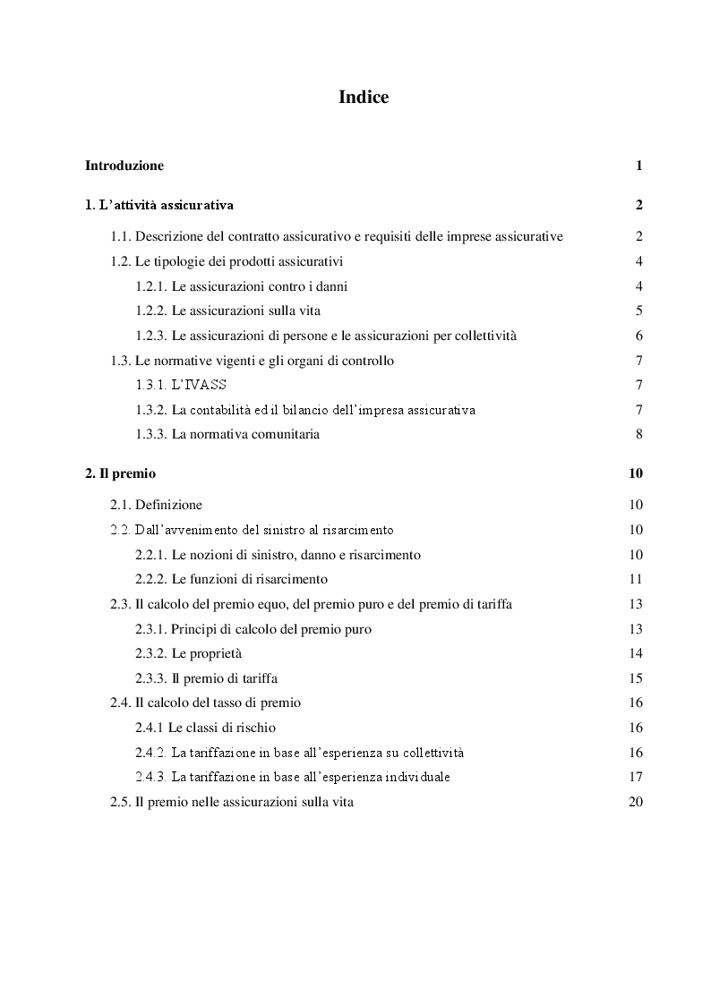 Indice della tesi: Le riserve tecniche nelle imprese assicurative, Pagina 1