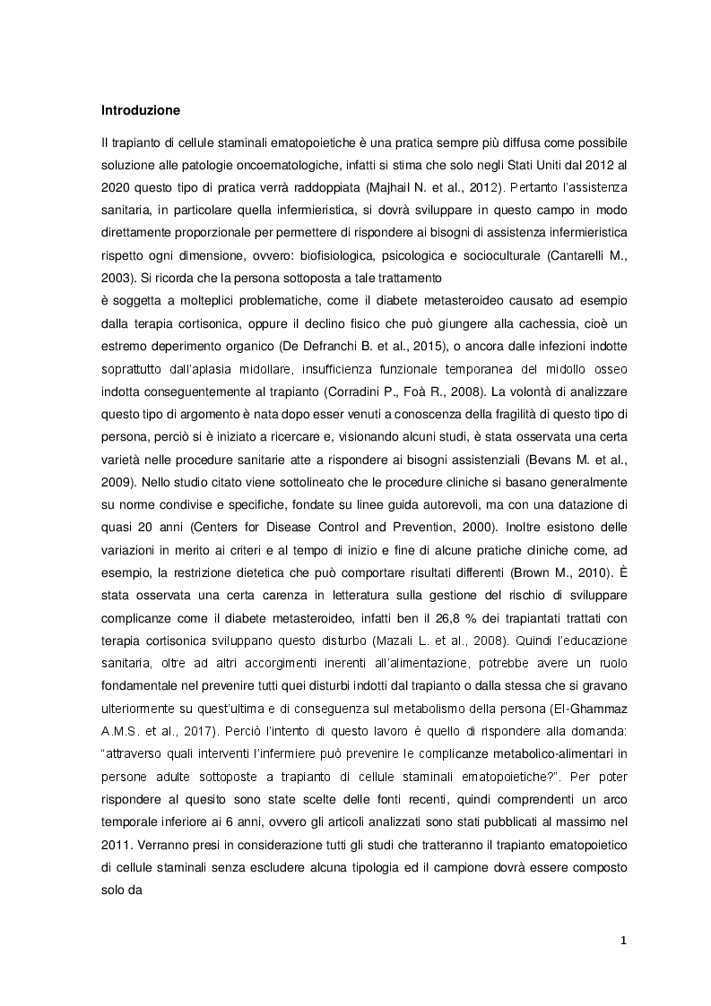 Anteprima della tesi: Possibili interventi attuabili dall'infermiere per prevenire complicanze metabolico-alimentari in pazienti sottoposti a trapianto di cellule staminali ematopoietiche, Pagina 3